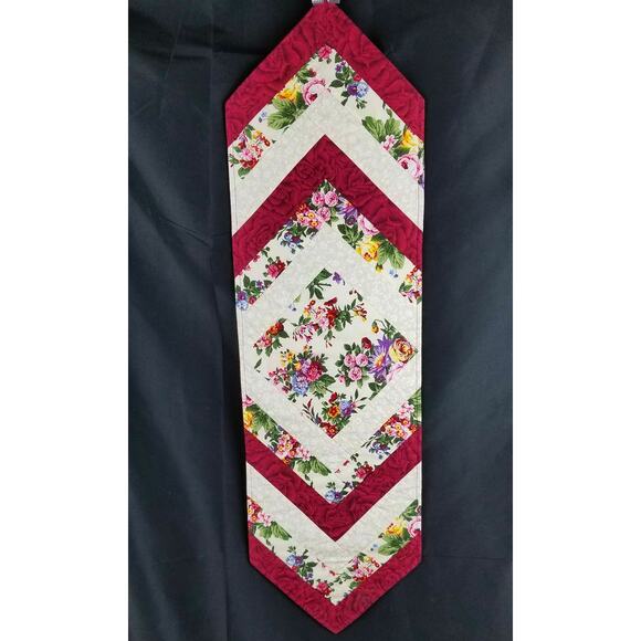Quilted Burgundy and White Floral Table Runner 40" x 11.5" - Picture 1 of 4